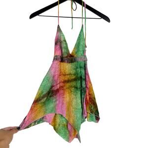 Y2K Touch 9 Tie Dye Halter Mesh Tank Top Tie Back Asymmetrical Green Pink - XS